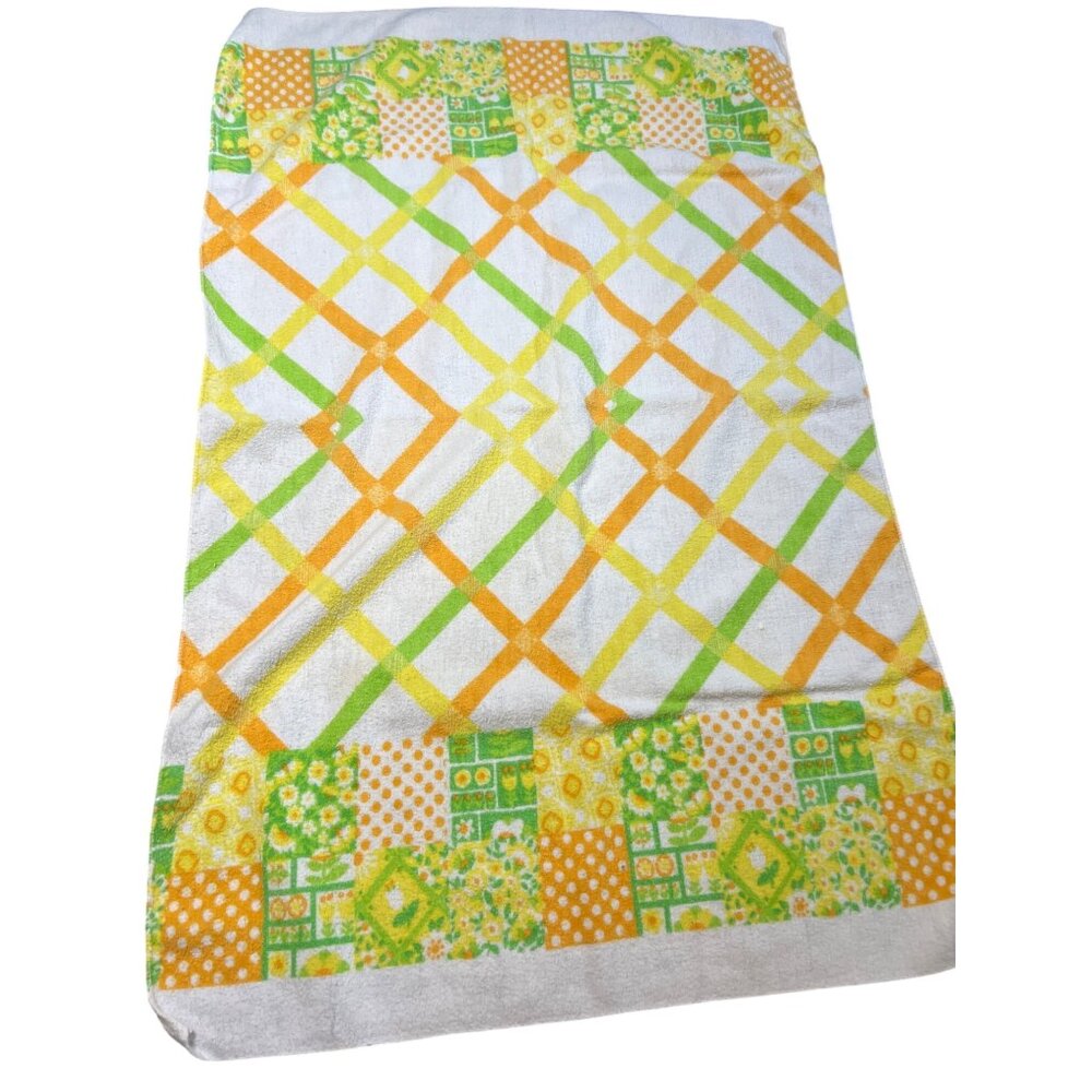 Vintage 70s Babycare Cotton Receiving Blanket Retro Green Yellow Orange 40"x30"